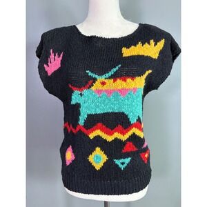 NWT Vintage 80s Michelle Stuart Sweater Vest Womens M Black Graphic Native Bold